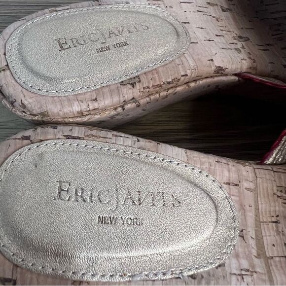 Eric Javits Wedge Sandals Womens 11 Raffia Braided Cork Slide Red Pink - Picture 7 of 9